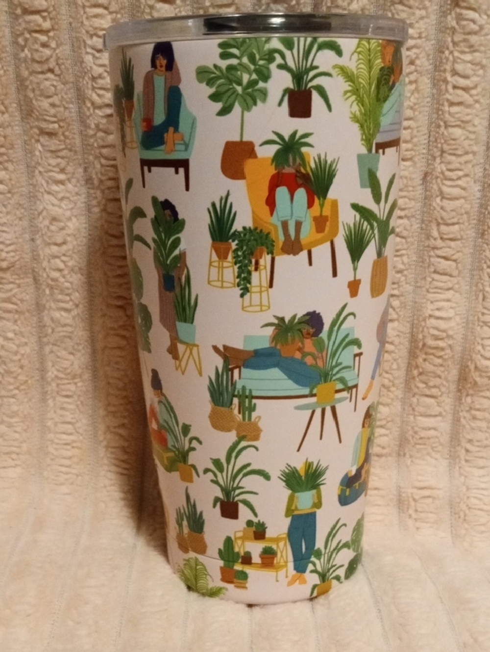 White Travel Tumbler with Green Plant Pattern - Unbranded